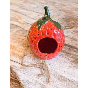 New Red Hanging Outdoor Ceramic Strawberry Shaped Birdhouse Feeder Decor